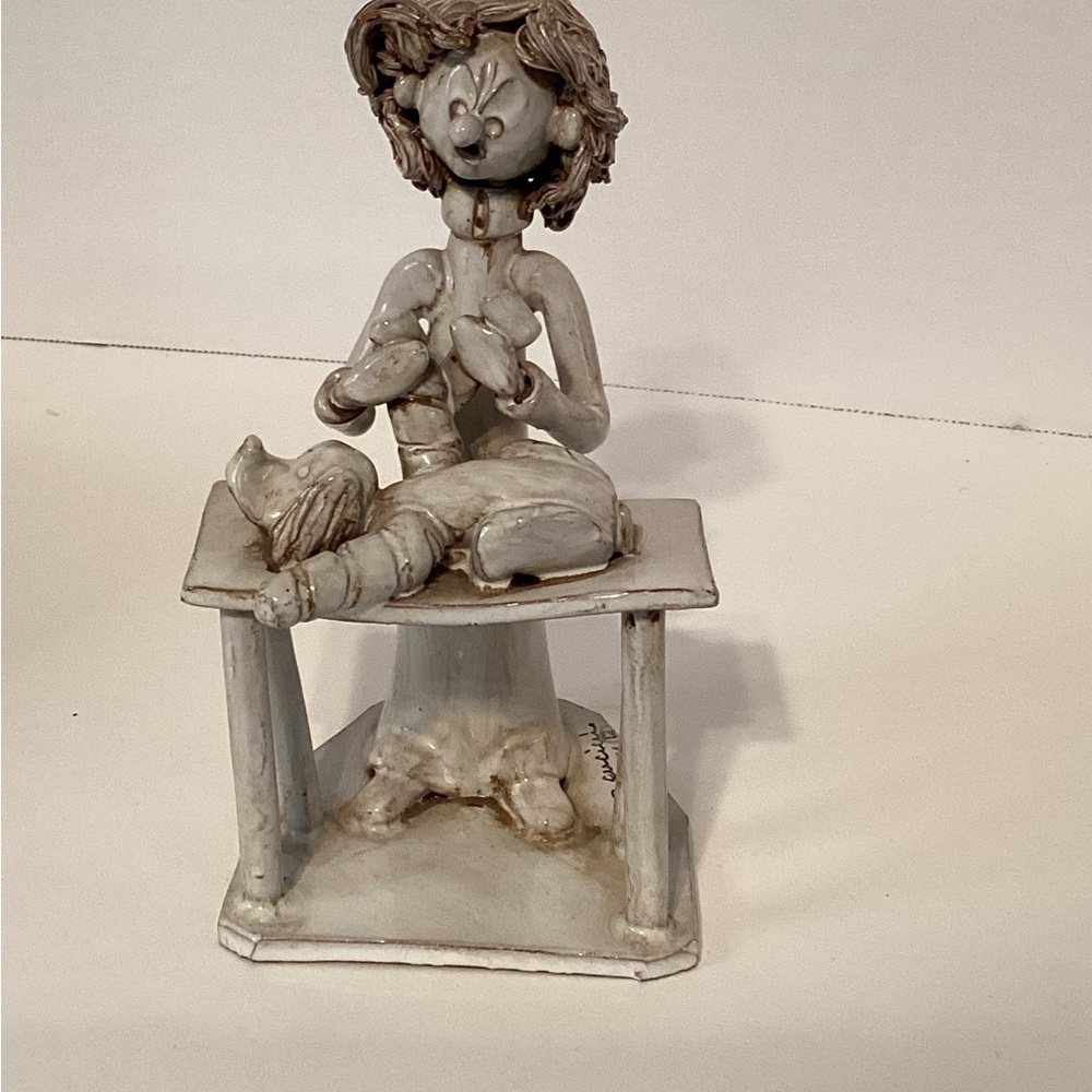 Dino Bencini Sculpture Veterinarian Doctor Treating Dog Clay Italy Vintage